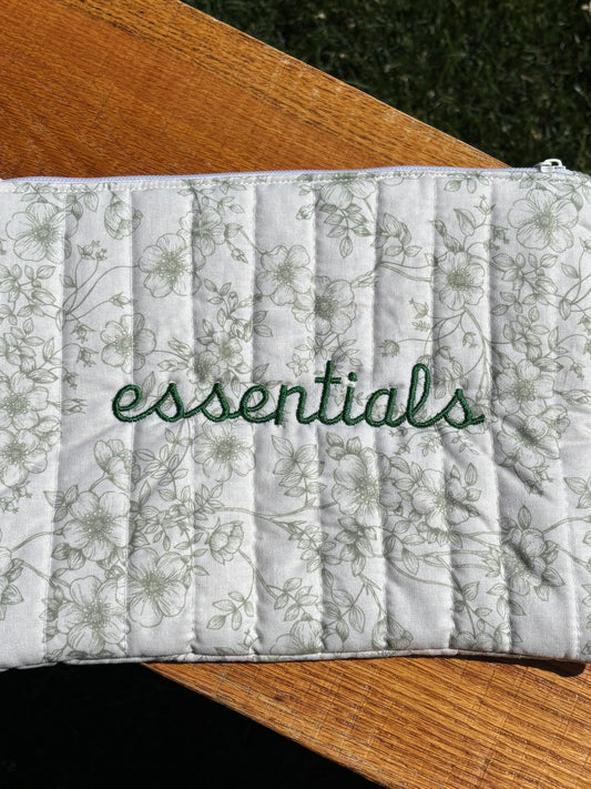 Green Floral Essentials Zipper Pouch